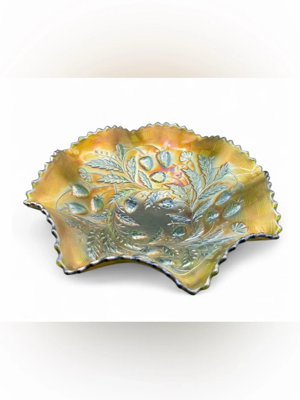 Northwood Antique Green Carnival Glass Strawberry Basketweave Ruffle Edge Bowl